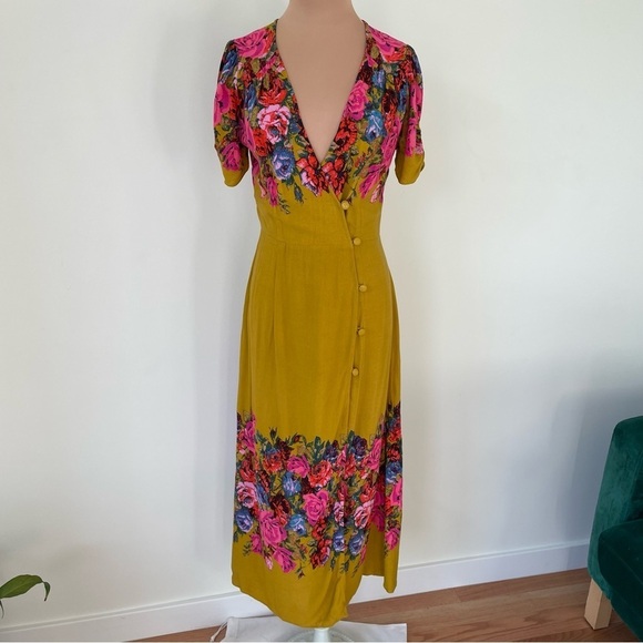 Free People Golden Yellow Floral Print Button Front Jaimie Midi Dress Size XS - Picture 2 of 9